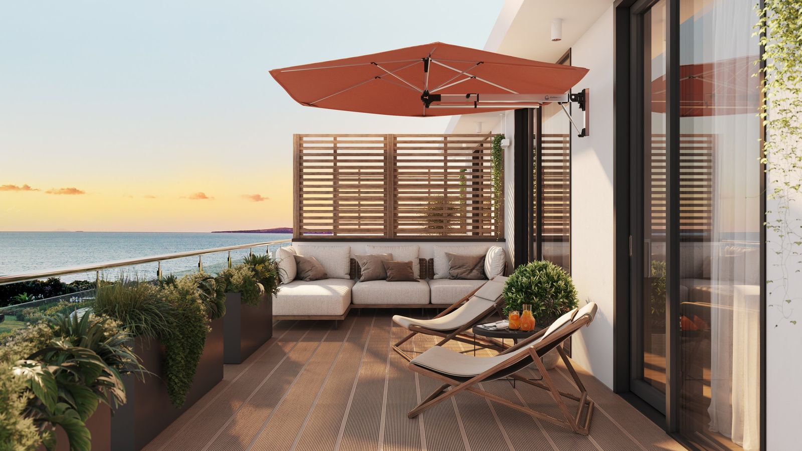 Shadowspec Retreat wall-mounted umbrella shading a residential balcony
